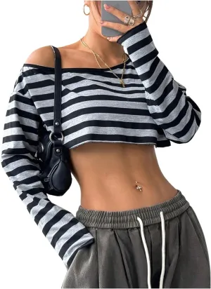 Women's Asymmetrical Off Shoulder Crop Tops Long Sleeve Ribbed Knit Lettuce Trim T Shirts