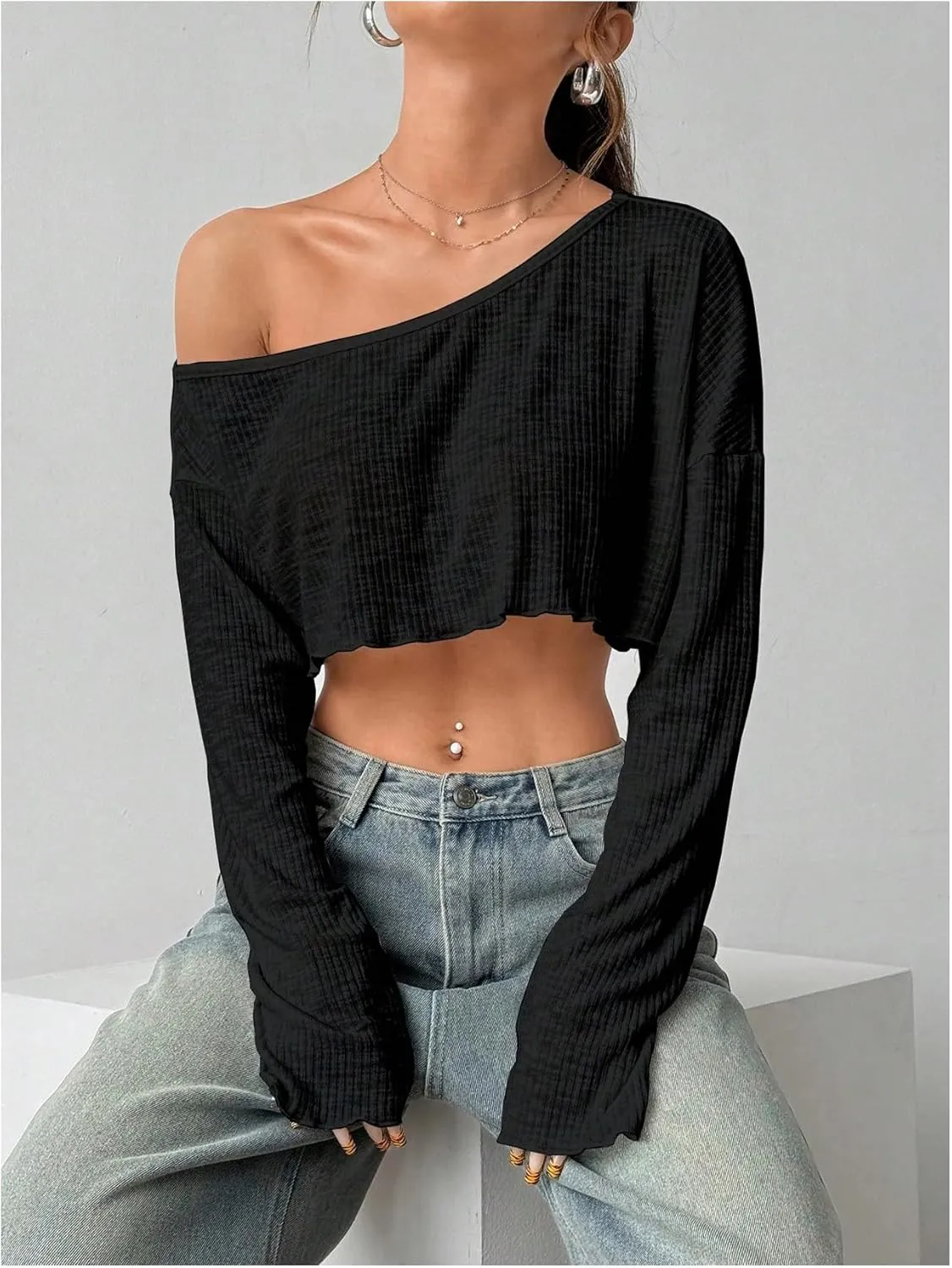 Women's Asymmetrical Off Shoulder Crop Tops Long Sleeve Ribbed Knit Lettuce Trim T Shirts