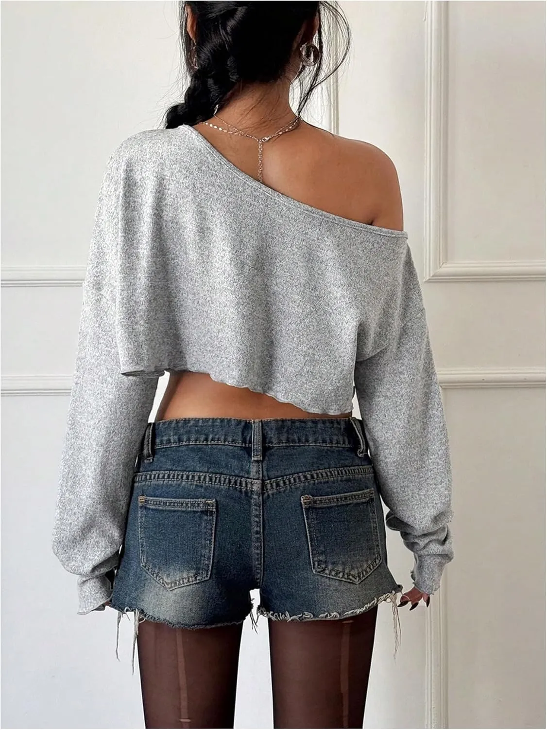 Women's Asymmetrical Off Shoulder Crop Tops Long Sleeve Ribbed Knit Lettuce Trim T Shirts