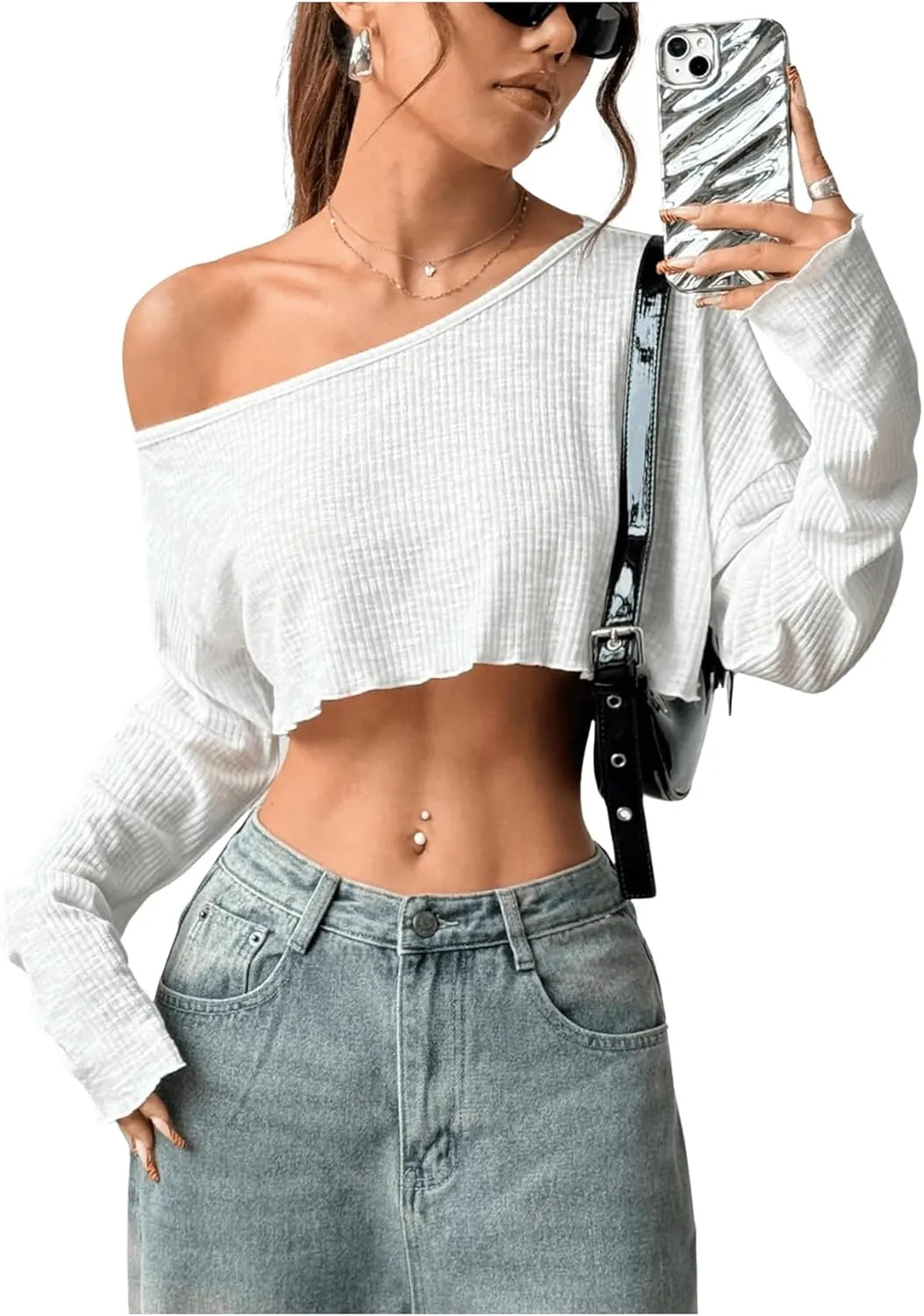 Women's Asymmetrical Off Shoulder Crop Tops Long Sleeve Ribbed Knit Lettuce Trim T Shirts