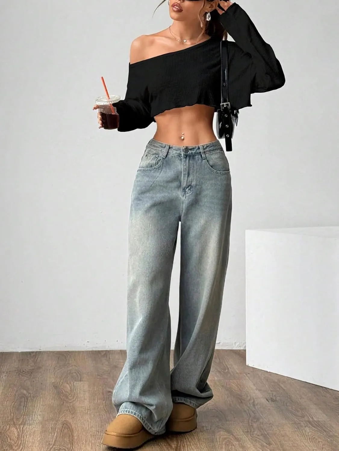 Women's Asymmetrical Off Shoulder Crop Tops Long Sleeve Ribbed Knit Lettuce Trim T Shirts