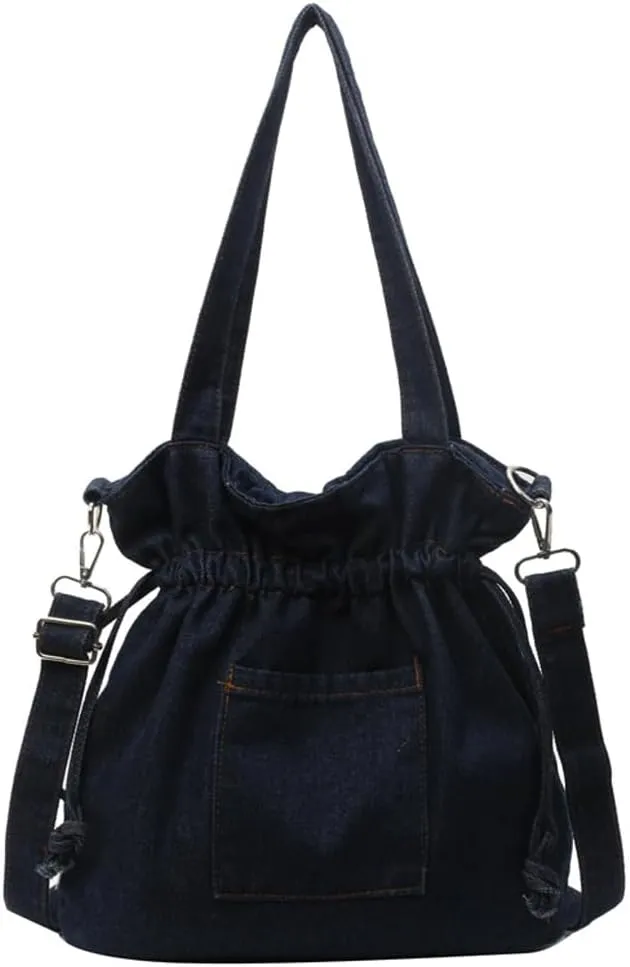 Womens Canvas Shoulder Bags Denim Bucket Crossbody Tote Large Purse Handbags Top Handle Satchel with Drawstring