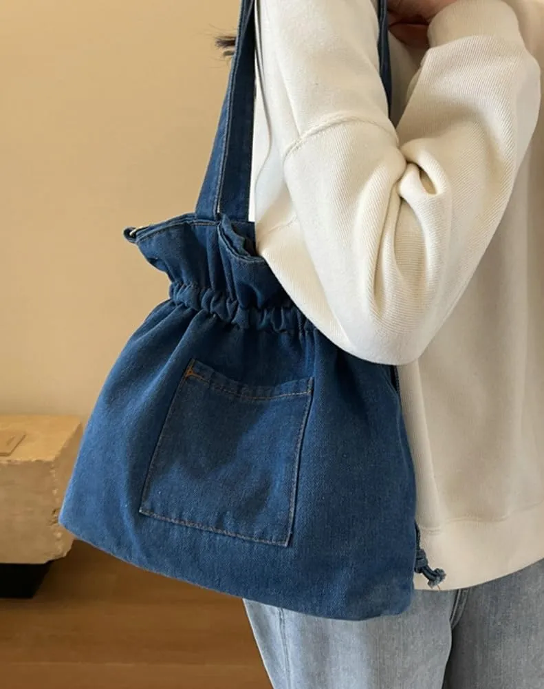 Womens Canvas Shoulder Bags Denim Bucket Crossbody Tote Large Purse Handbags Top Handle Satchel with Drawstring