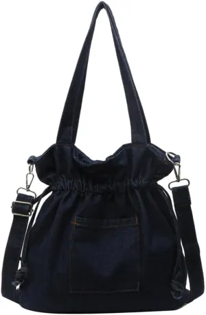 Womens Canvas Shoulder Bags Denim Bucket Crossbody Tote Large Purse Handbags Top Handle Satchel with Drawstring