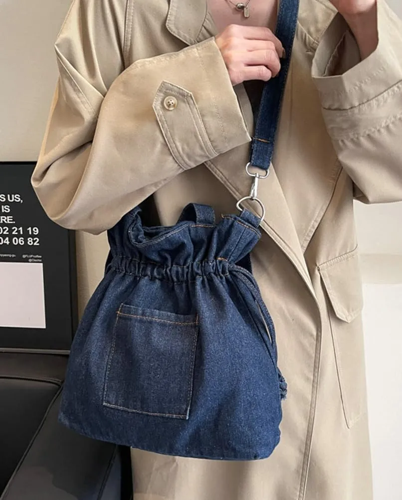 Womens Canvas Shoulder Bags Denim Bucket Crossbody Tote Large Purse Handbags Top Handle Satchel with Drawstring