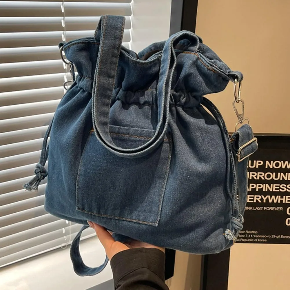 Womens Canvas Shoulder Bags Denim Bucket Crossbody Tote Large Purse Handbags Top Handle Satchel with Drawstring