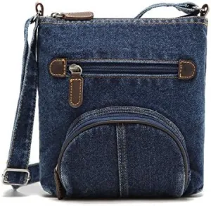 Women's Casual Canvas Bag Jeans Tannin Blue Denim Front Pocket Shoulder Bag Small Handbag Tote