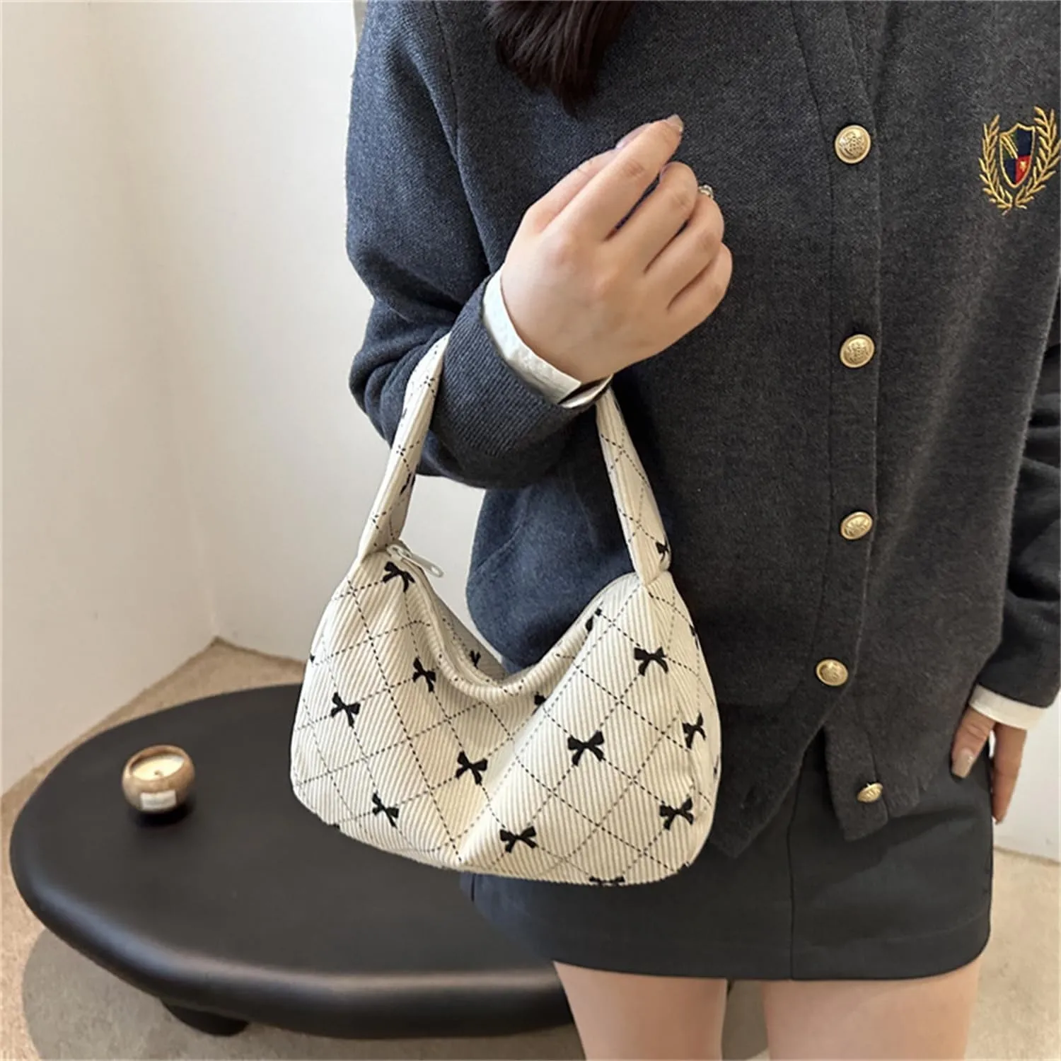 Women's Cute Bow Print Tote Shoulder Bag Small Corduroy Underarm Bag Trendy Handbag Wallet Travel Bag