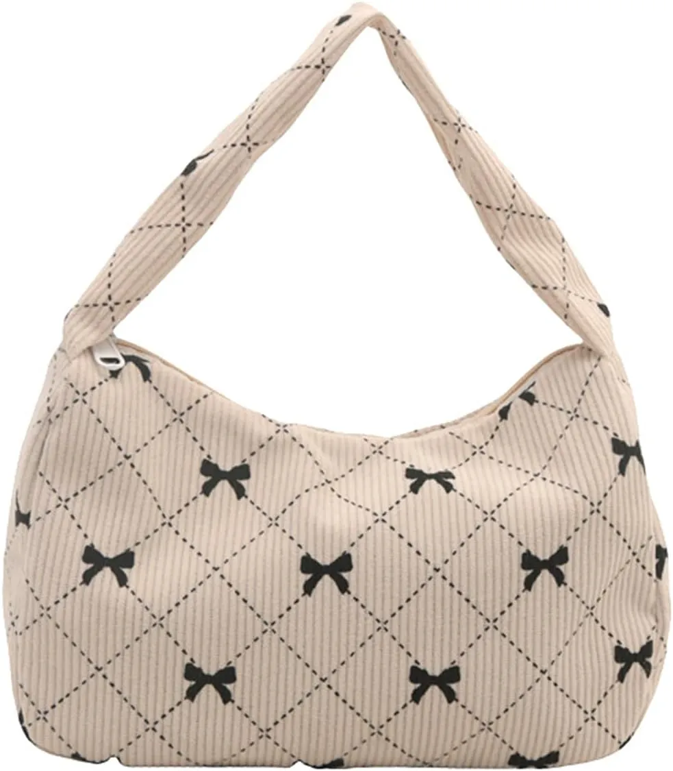 Women's Cute Bow Print Tote Shoulder Bag Small Corduroy Underarm Bag Trendy Handbag Wallet Travel Bag