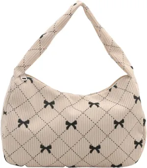 Women's Cute Bow Print Tote Shoulder Bag Small Corduroy Underarm Bag Trendy Handbag Wallet Travel Bag