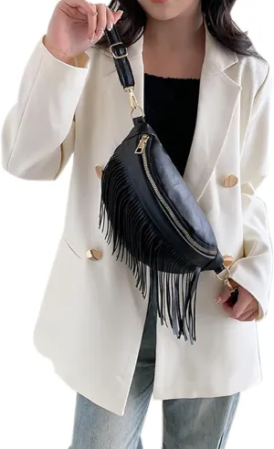 Women's Fringe Chest Bag Fanny Pack Tassel Crossbody Bag Shoulder Bag for Women Girls Black Belt Travel Pouch