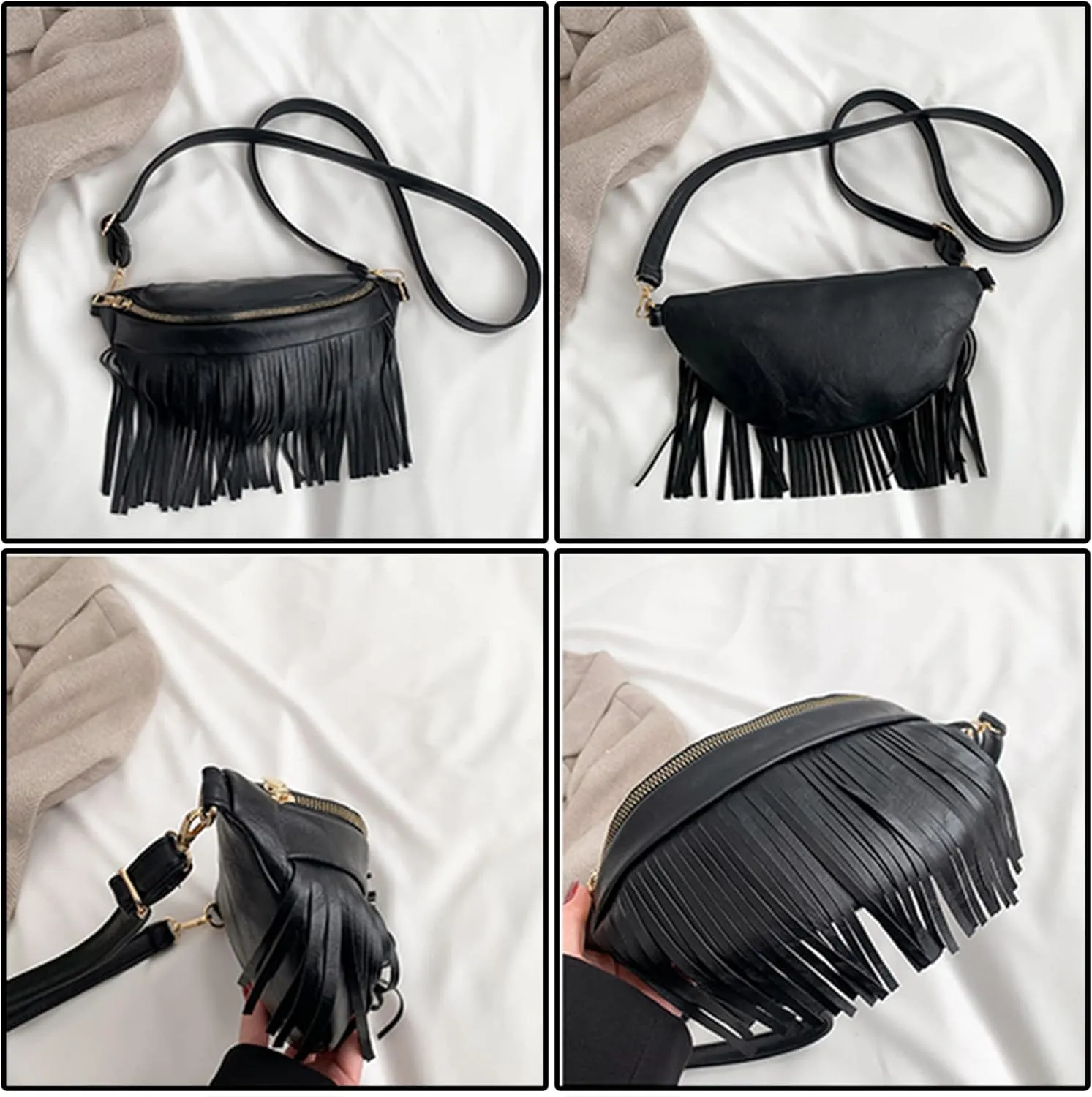 Women's Fringe Chest Bag Fanny Pack Tassel Crossbody Bag Shoulder Bag for Women Girls Black Belt Travel Pouch