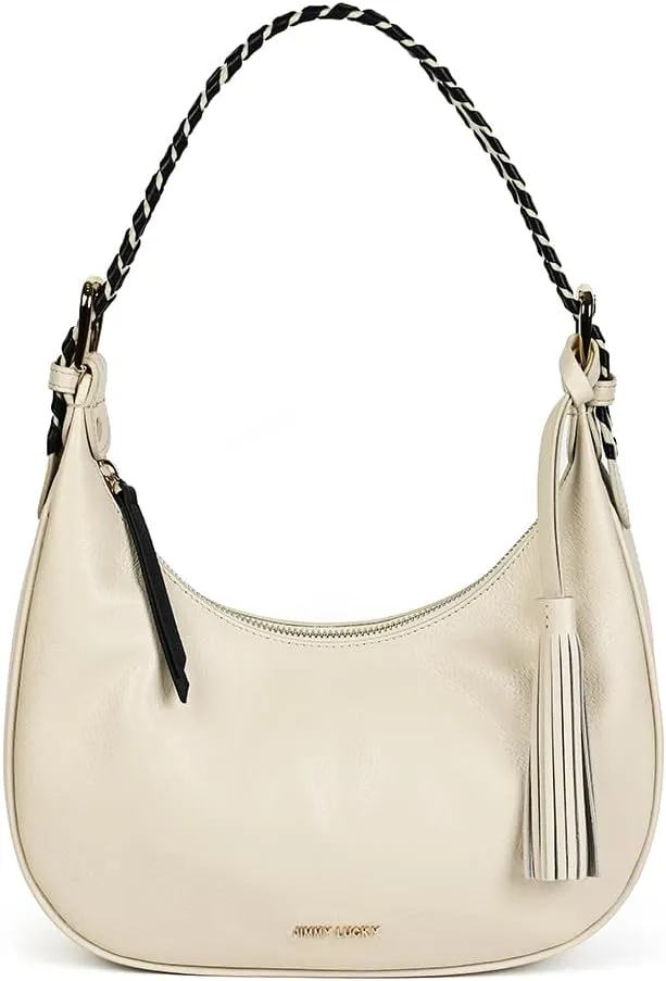 Women’s Genuine Leather Shoulder Bag – Braided Strap Half-Moon Purse with Tassel – Minimalist Hobo Style for Work & Daily Use(Off-white)