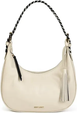 Women’s Genuine Leather Shoulder Bag – Braided Strap Half-Moon Purse with Tassel – Minimalist Hobo Style for Work & Daily Use(Off-white)