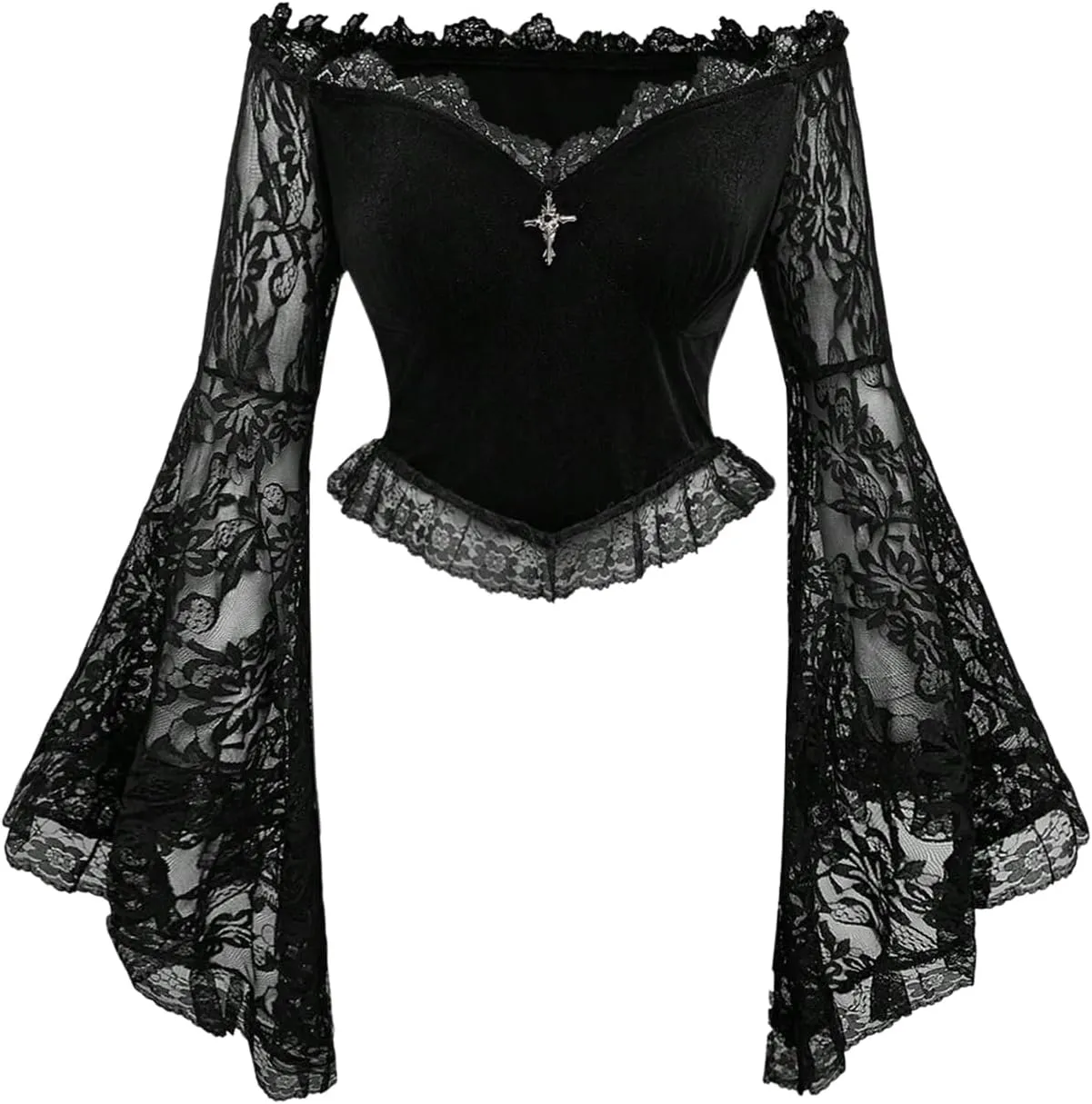 Women's Gothic Off Shoulder Lace Blouse Bell Long Sleeve Asymmetrical Shirts