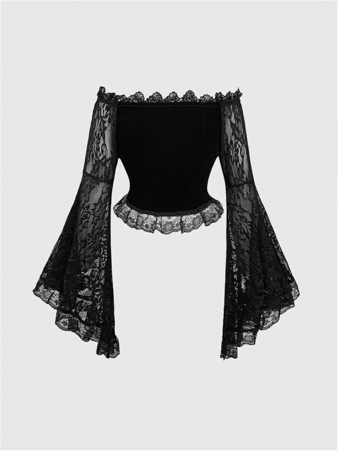 Women's Gothic Off Shoulder Lace Blouse Bell Long Sleeve Asymmetrical Shirts