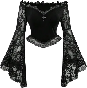 Women's Gothic Off Shoulder Lace Blouse Bell Long Sleeve Asymmetrical Shirts