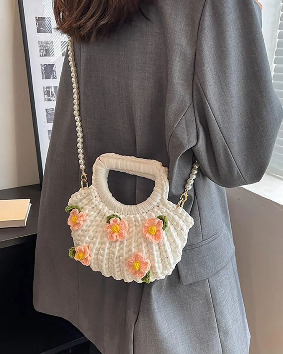 Women's Handmade Purses Tote Bag Cotton Thread Crochet Crossbody Shoulder Bag DIY Knit Woven Handbag Shell Clutch