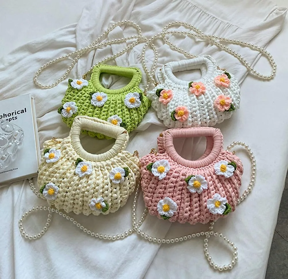 Women's Handmade Purses Tote Bag Cotton Thread Crochet Crossbody Shoulder Bag DIY Knit Woven Handbag Shell Clutch