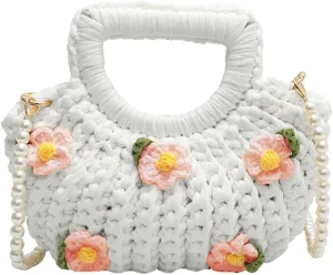 Women's Handmade Purses Tote Bag Cotton Thread Crochet Crossbody Shoulder Bag DIY Knit Woven Handbag Shell Clutch