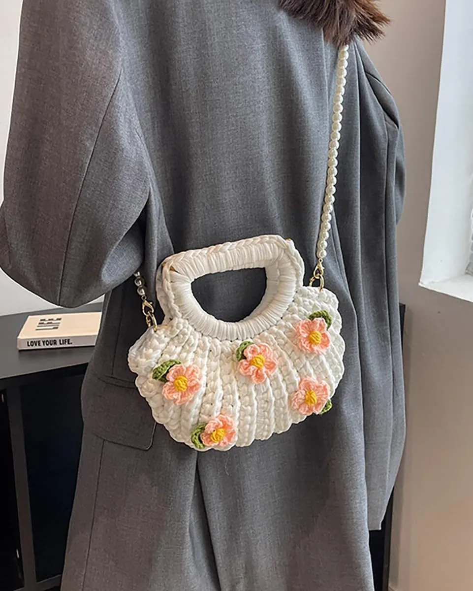 Women's Handmade Purses Tote Bag Cotton Thread Crochet Crossbody Shoulder Bag DIY Knit Woven Handbag Shell Clutch
