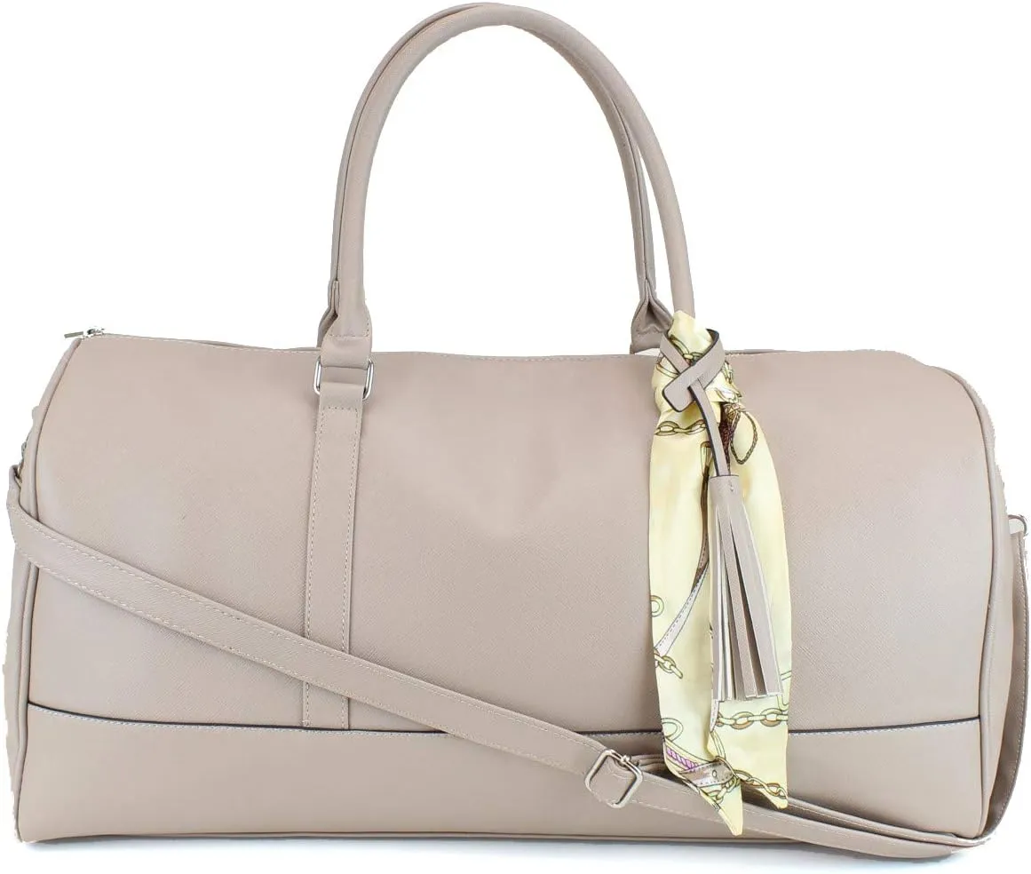 Women's Large PU Leather Weekender Duffel Bag with Satin Interior - Big 22" Carry-On Size Duffle - Tan