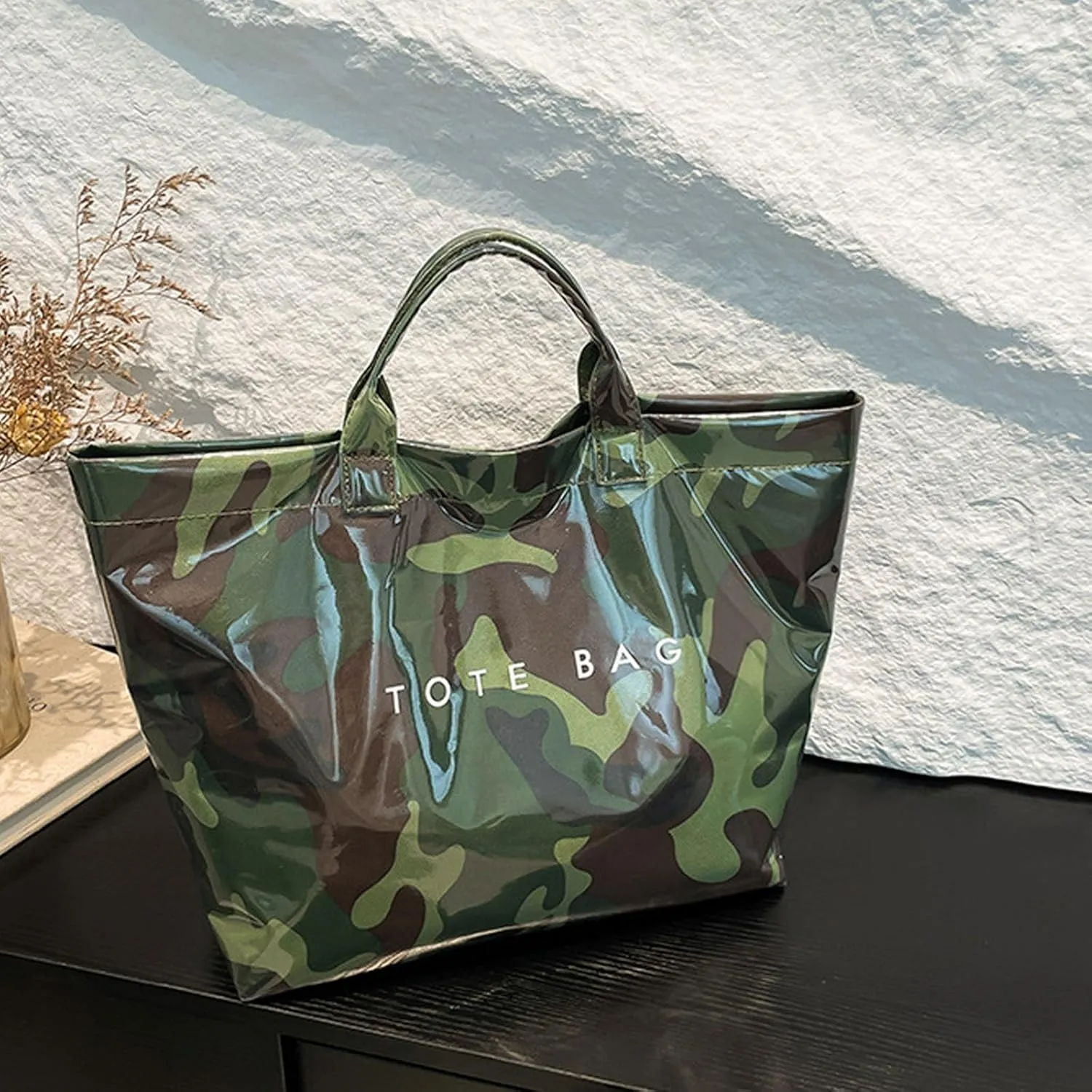 Women's Letters Print Tote Bag, Leopard Print Handbags, Plastic Waterproof Tote Bag, Fashion Large Bags University(Camouflage Green)