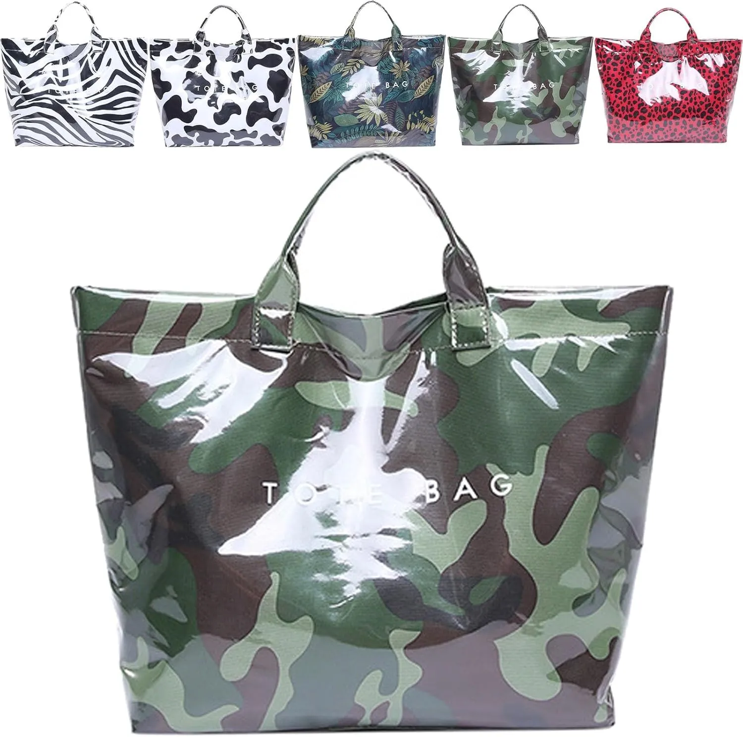 Women's Letters Print Tote Bag, Leopard Print Handbags, Plastic Waterproof Tote Bag, Fashion Large Bags University(Camouflage Green)