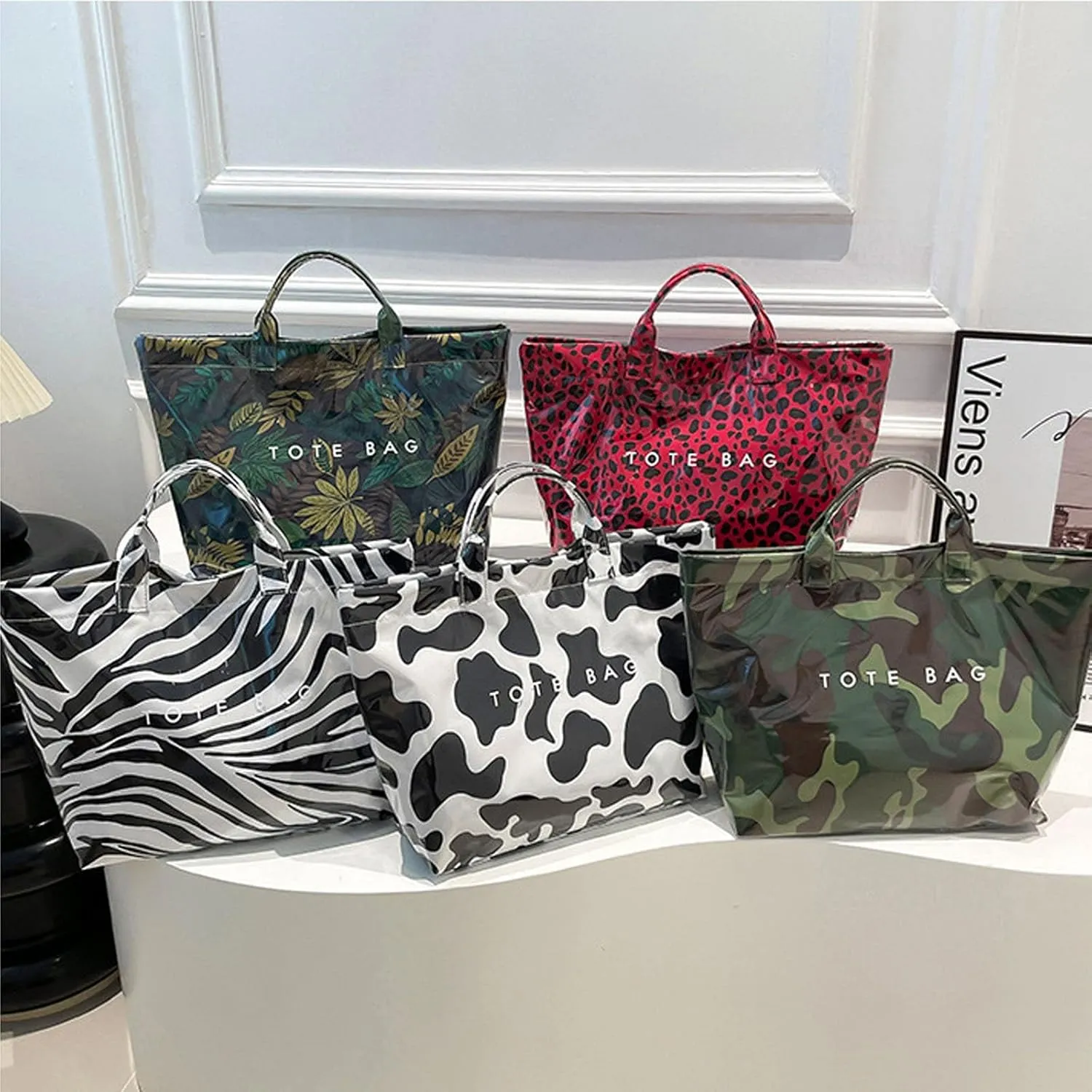 Women's Letters Print Tote Bag, Leopard Print Handbags, Plastic Waterproof Tote Bag, Fashion Large Bags University(Camouflage Green)
