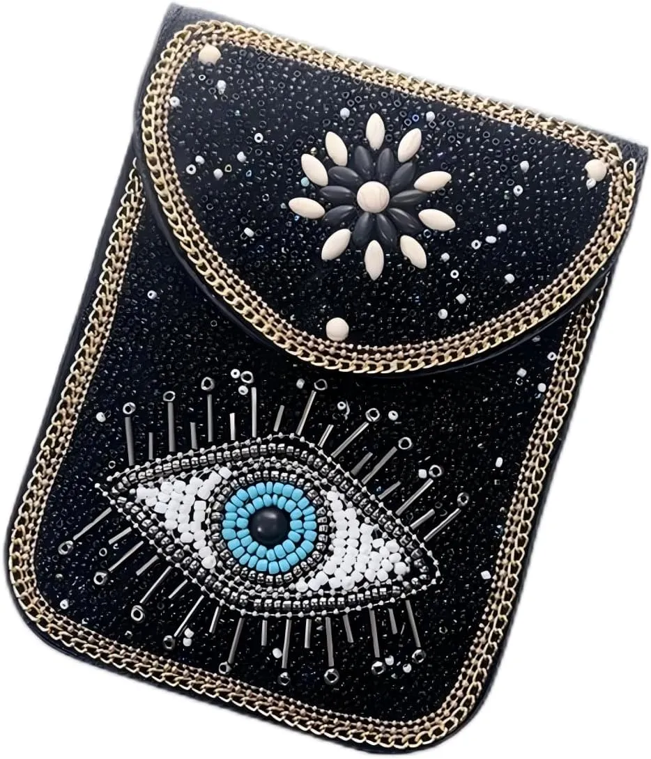 Women's Mobile Phone Bag, Cellphone Pouch, Retro Beads Shoulder Bag, Handcrafted Embellished Clutch Purse, Beaded Design