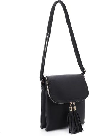 Women's Multi Compartment Magnetic Closure Flap Crossbody with Tassel Zipper