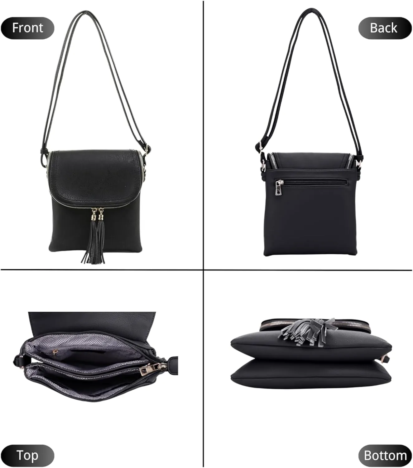 Women's Multi Compartment Magnetic Closure Flap Crossbody with Tassel Zipper