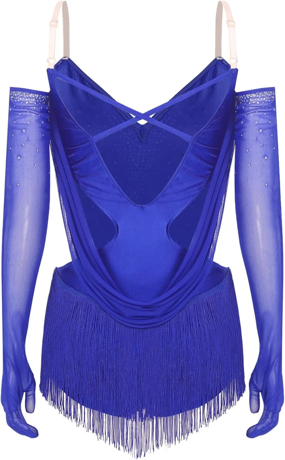 Women's Ruched Mesh Latin Dance Costume Tassel Samba Rumba Salsa Jazz Dance Bodysuit Top with Gloves