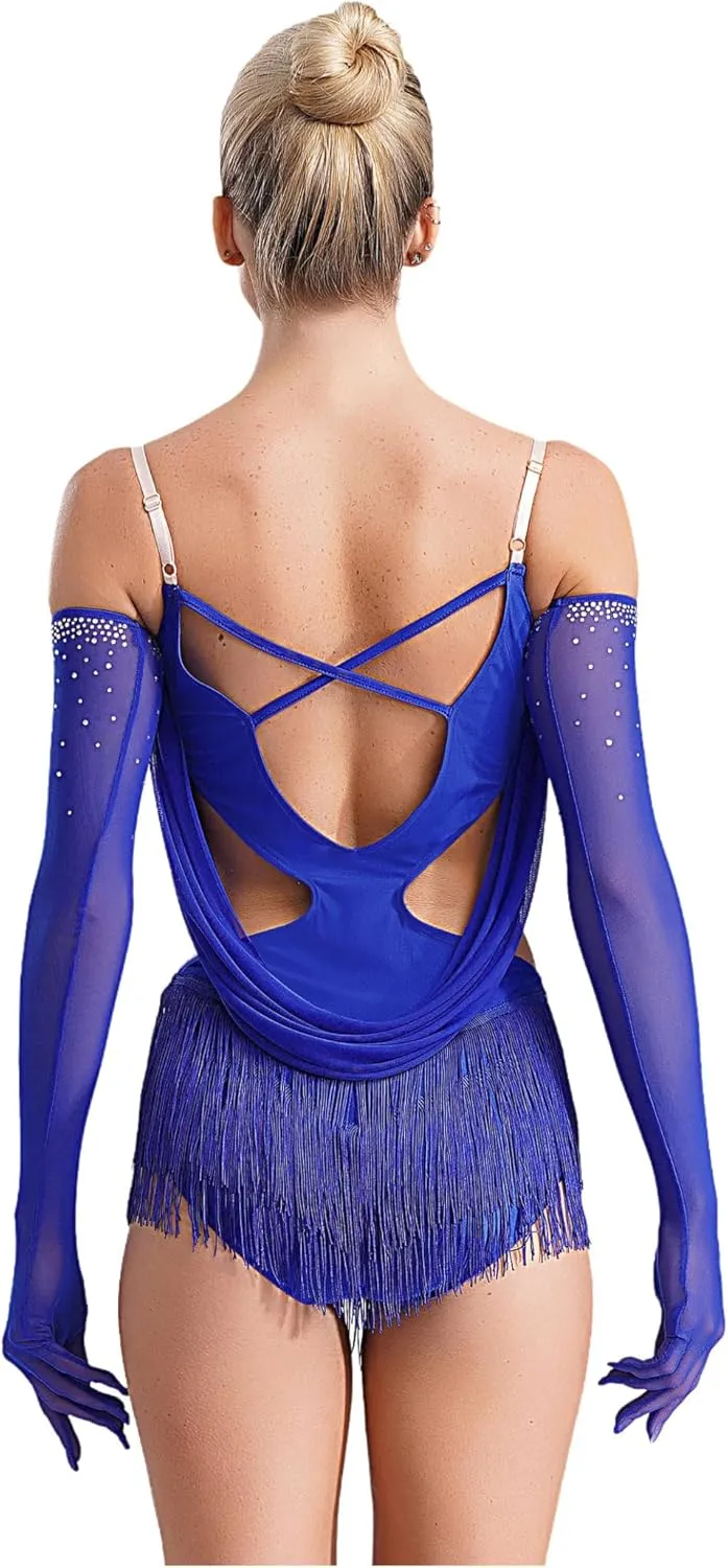 Women's Ruched Mesh Latin Dance Costume Tassel Samba Rumba Salsa Jazz Dance Bodysuit Top with Gloves