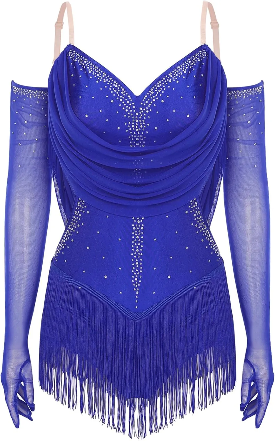 Women's Ruched Mesh Latin Dance Costume Tassel Samba Rumba Salsa Jazz Dance Bodysuit Top with Gloves