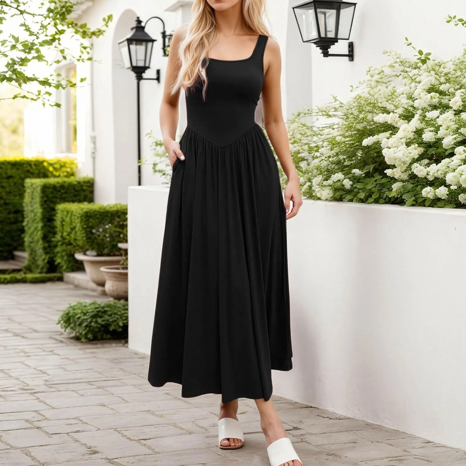 Women's Summer Casual Sleeveless Maxi Dress Square Neck Smocked Pleated Flowy Loose Fit Elegant Wedding Guest Dress