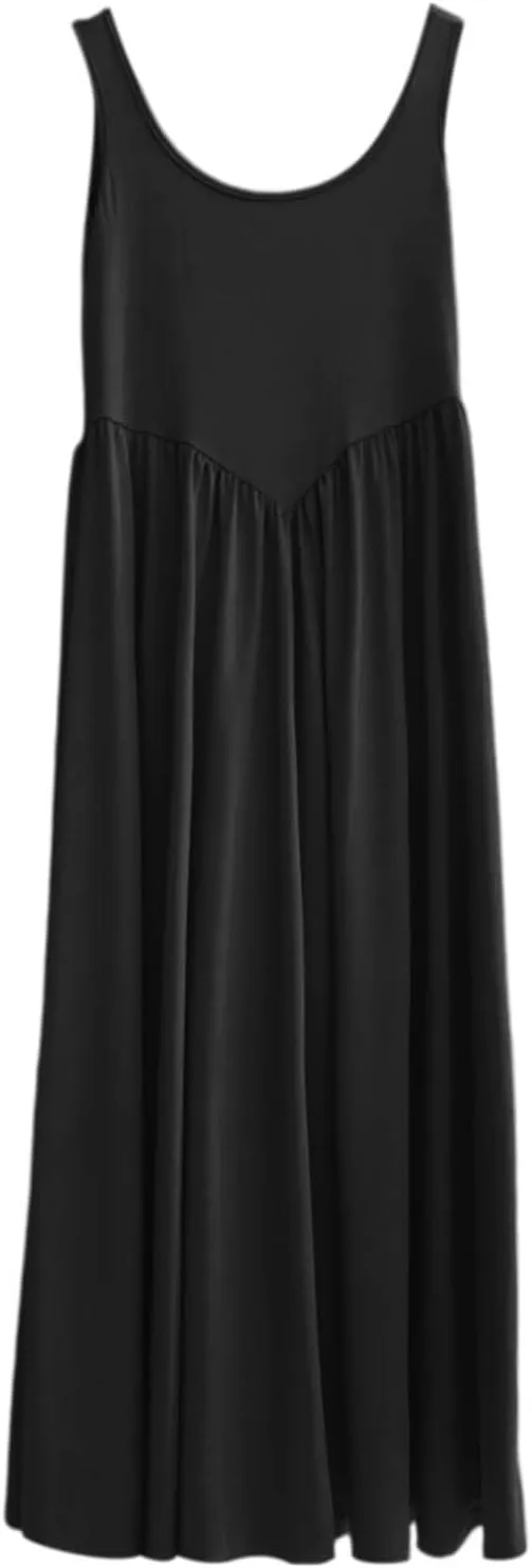 Women's Summer Casual Sleeveless Maxi Dress Square Neck Smocked Pleated Flowy Loose Fit Elegant Wedding Guest Dress