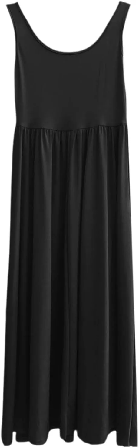 Women's Summer Casual Sleeveless Maxi Dress Square Neck Smocked Pleated Flowy Loose Fit Elegant Wedding Guest Dress
