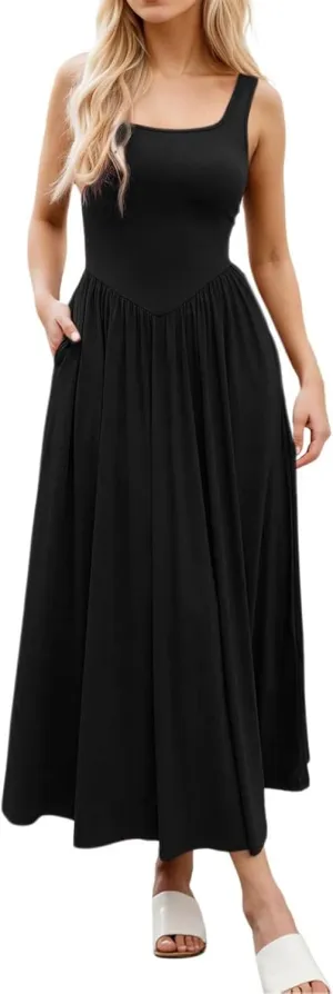 Women's Summer Casual Sleeveless Maxi Dress Square Neck Smocked Pleated Flowy Loose Fit Elegant Wedding Guest Dress