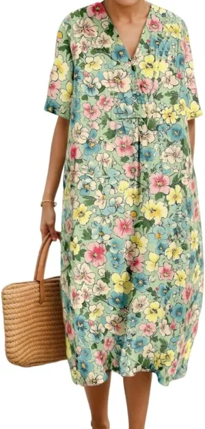 Women's Summer Colorful Flower Floral Print Midi Dress Casual Boho Short Sleeve V Neck Oversized Vacation Dresses