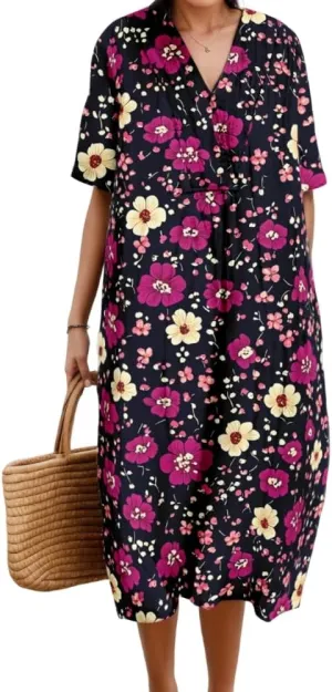 Women's Summer Colorful Flower Floral Print Midi Dress Casual Boho Short Sleeve V Neck Oversized Vacation Dresses