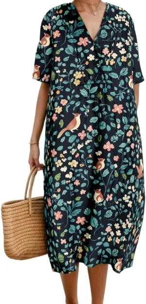 Women's Summer Colorful Flower Floral Print Midi Dress Casual Boho Short Sleeve V Neck Oversized Vacation Dresses