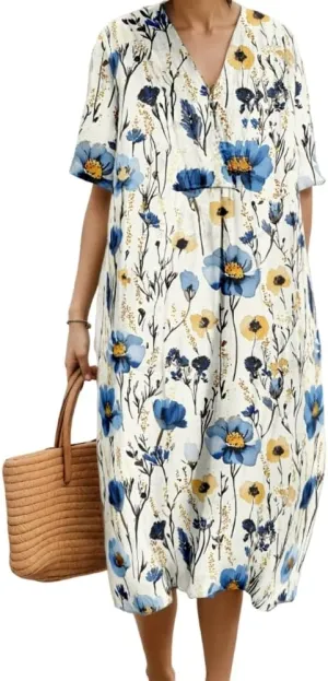 Women's Summer Colorful Flower Floral Print Midi Dress Casual Boho Short Sleeve V Neck Oversized Vacation Dresses