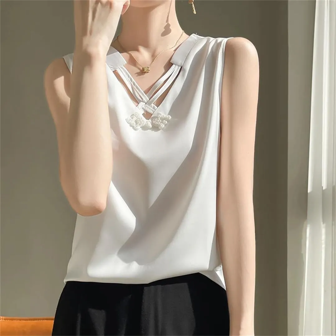 Women's Summer Sleeveless Real Silk Satin V-Neck Chinese Knot Sling Fitting Sexy Solid Underlay Top