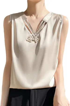 Women's Summer Sleeveless Real Silk Satin V-Neck Chinese Knot Sling Fitting Sexy Solid Underlay Top