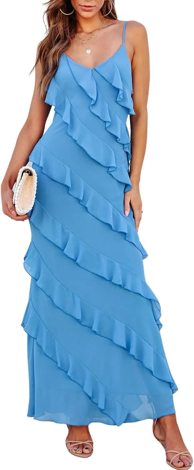 Women's Summer Spaghetti Strap Midi Bodycon Dress Sexy Backless Tassel Ruffle Side Split Party Maxi Dresses