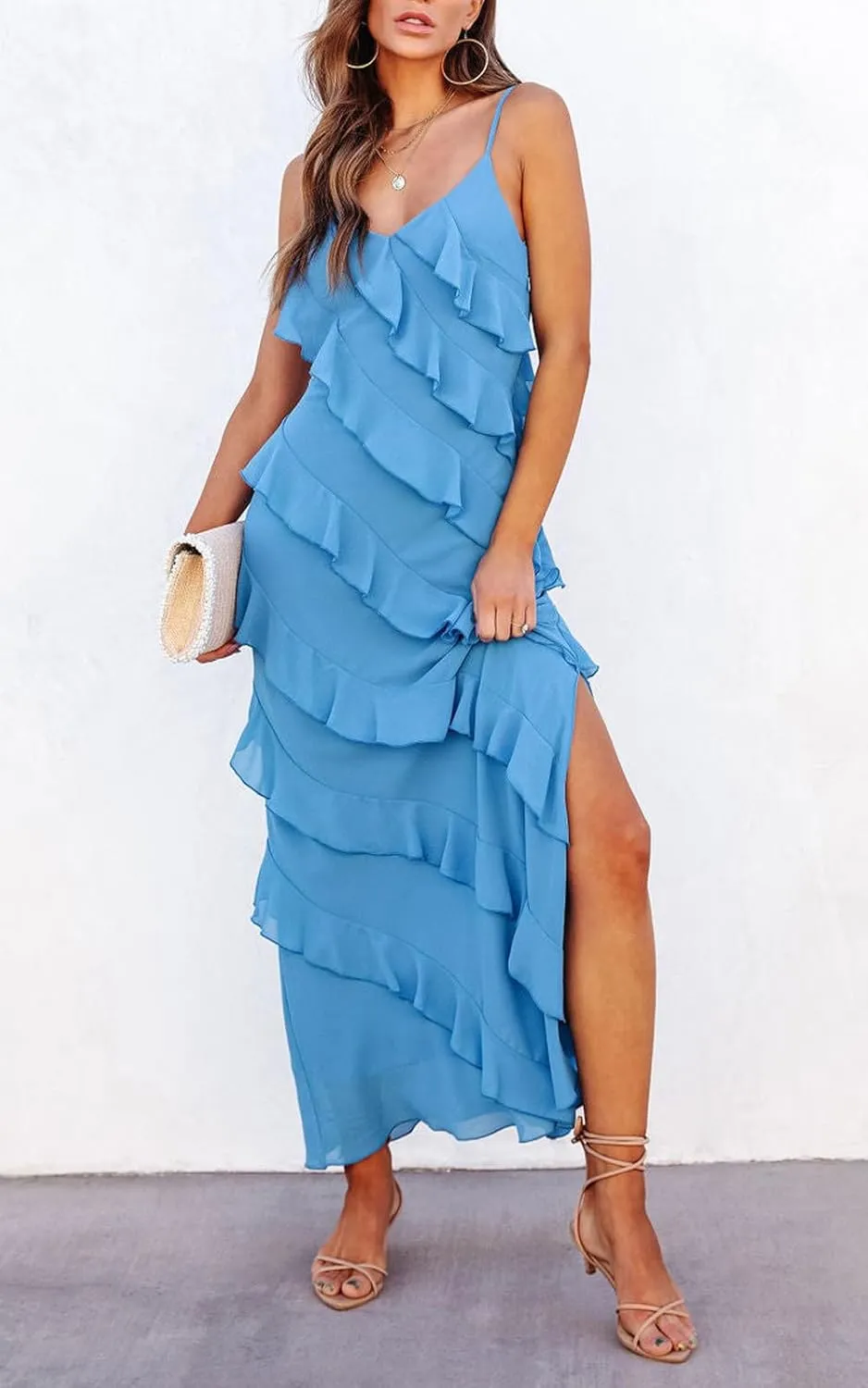 Women's Summer Spaghetti Strap Midi Bodycon Dress Sexy Backless Tassel Ruffle Side Split Party Maxi Dresses