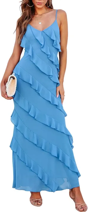 Women's Summer Spaghetti Strap Midi Bodycon Dress Sexy Backless Tassel Ruffle Side Split Party Maxi Dresses
