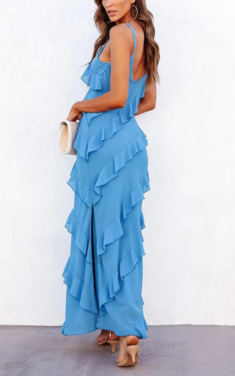 Women's Summer Spaghetti Strap Midi Bodycon Dress Sexy Backless Tassel Ruffle Side Split Party Maxi Dresses