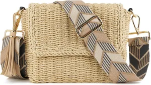 Women's Summer Straw Braided Crossbody Bag with Tassel Chain,Shoulder Straps Woven Beach Handbag Handmade Wallet Purse